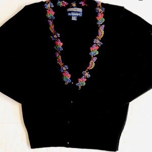 Vtg.Herman Geist Handmade lambswool black sweater with floral embroidery.Size M
